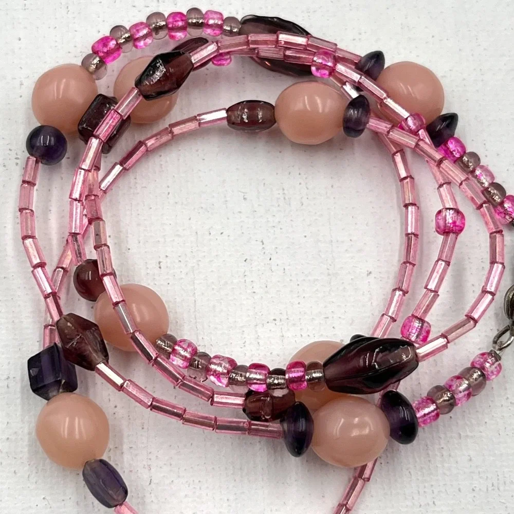 Vintage Y2K‎ Pink & Purple Beaded Long Strand Necklace Retro Boho Chic Classic